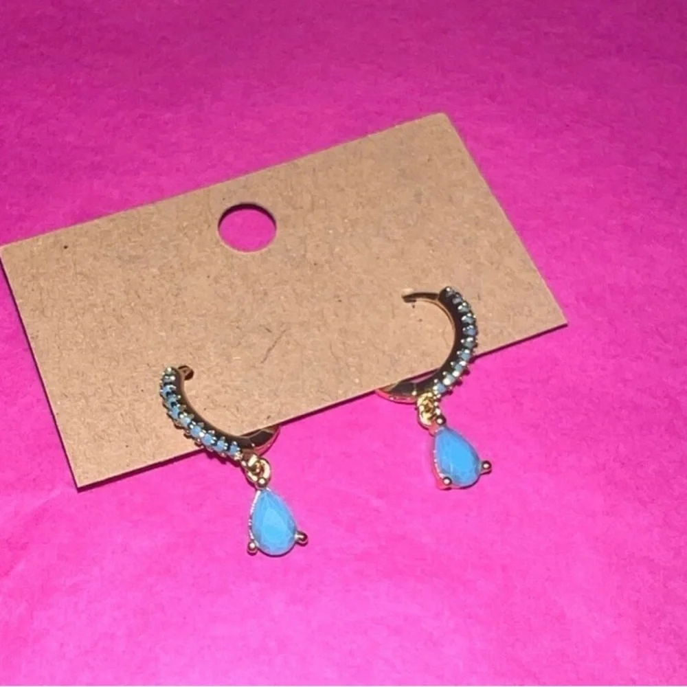 18 K Gold Plated/ Turquoise Stone Huggie Earrings - Picture 2 of 2